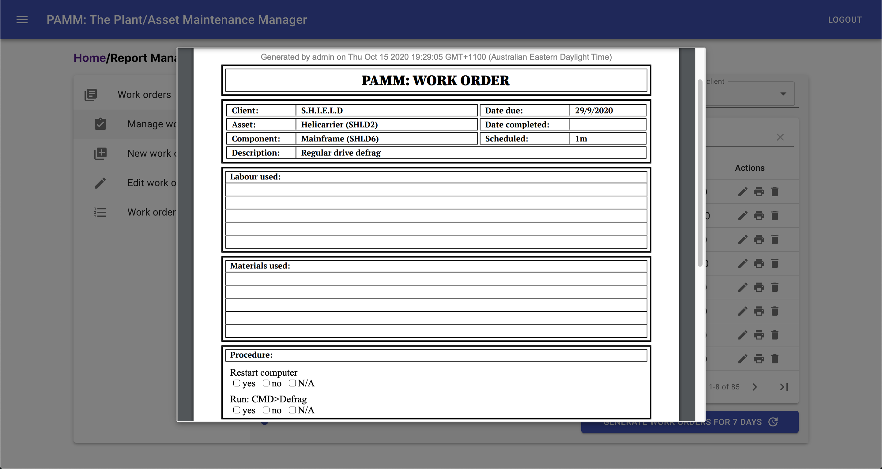 PAMM - work order print/preview