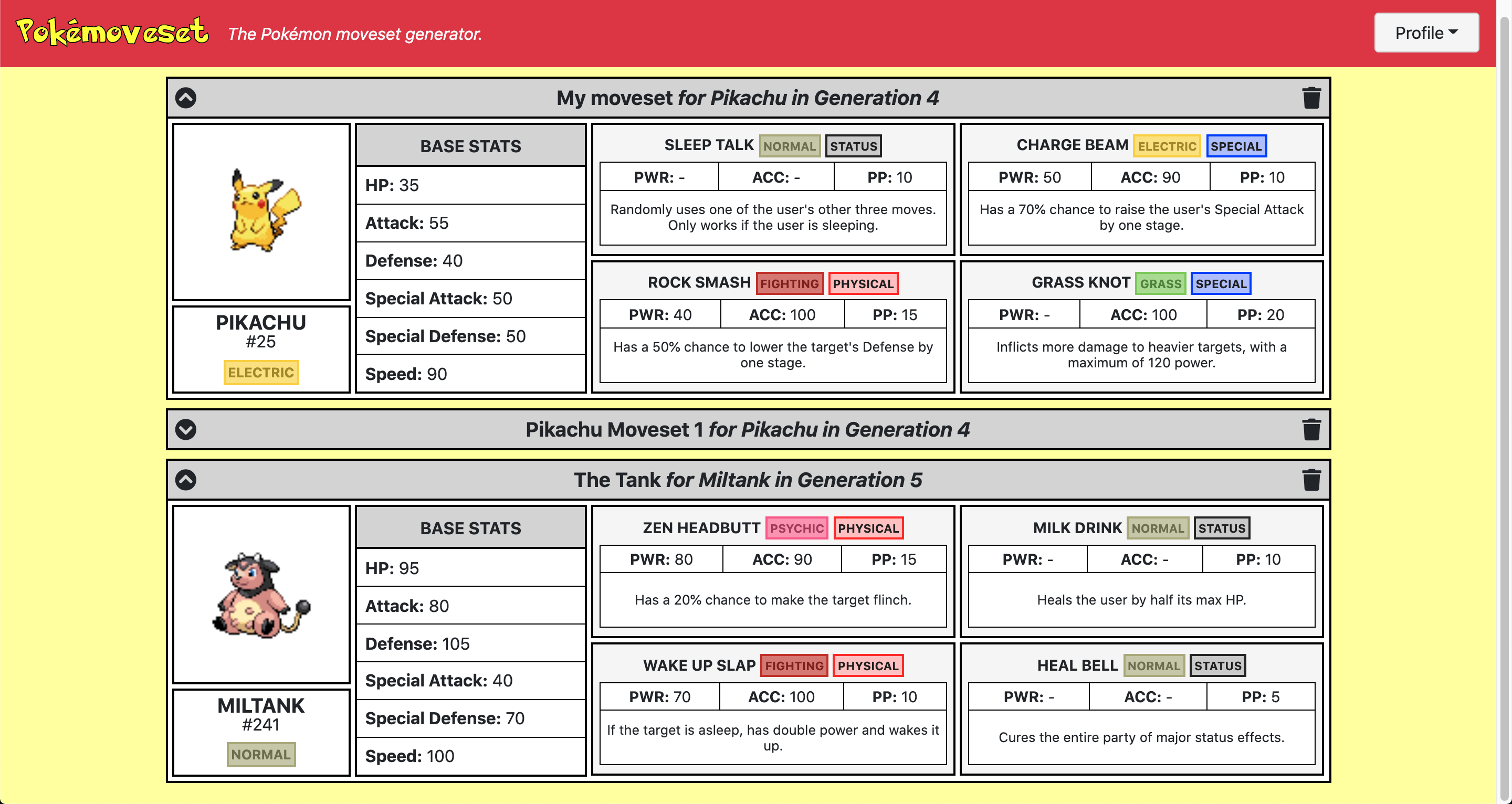 Pokémoveset - Saved movesets screen